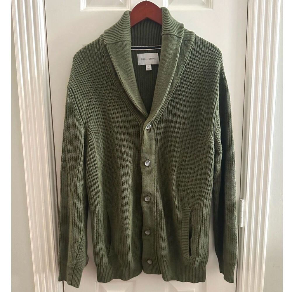 Sun + Stone Men’s Shawl Collar Button Cardigan Sweater Olive Green - Medium